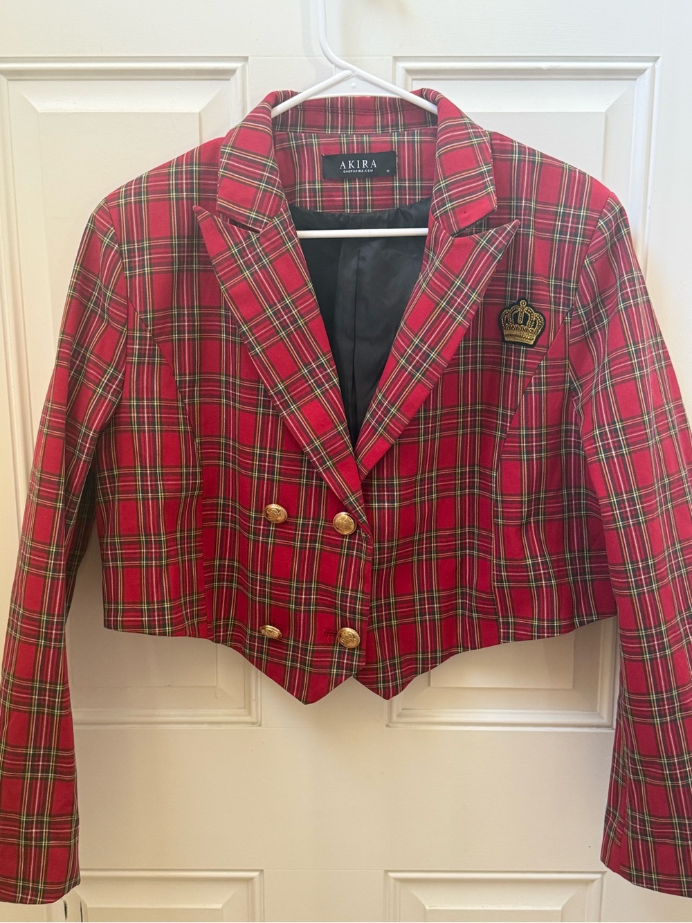 AKIRA Red Plaid Cropped Blazer with Gold Buttons